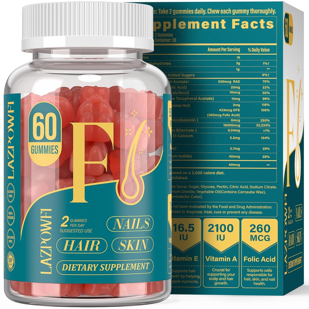 Biotin Gummies -Hair Skin and Nails Vitamins for Men & Women, Vegan Vitamin B7, Supports Hair Growth and Stronger Nails,30 Day Supply-Strawberry-60 Counts