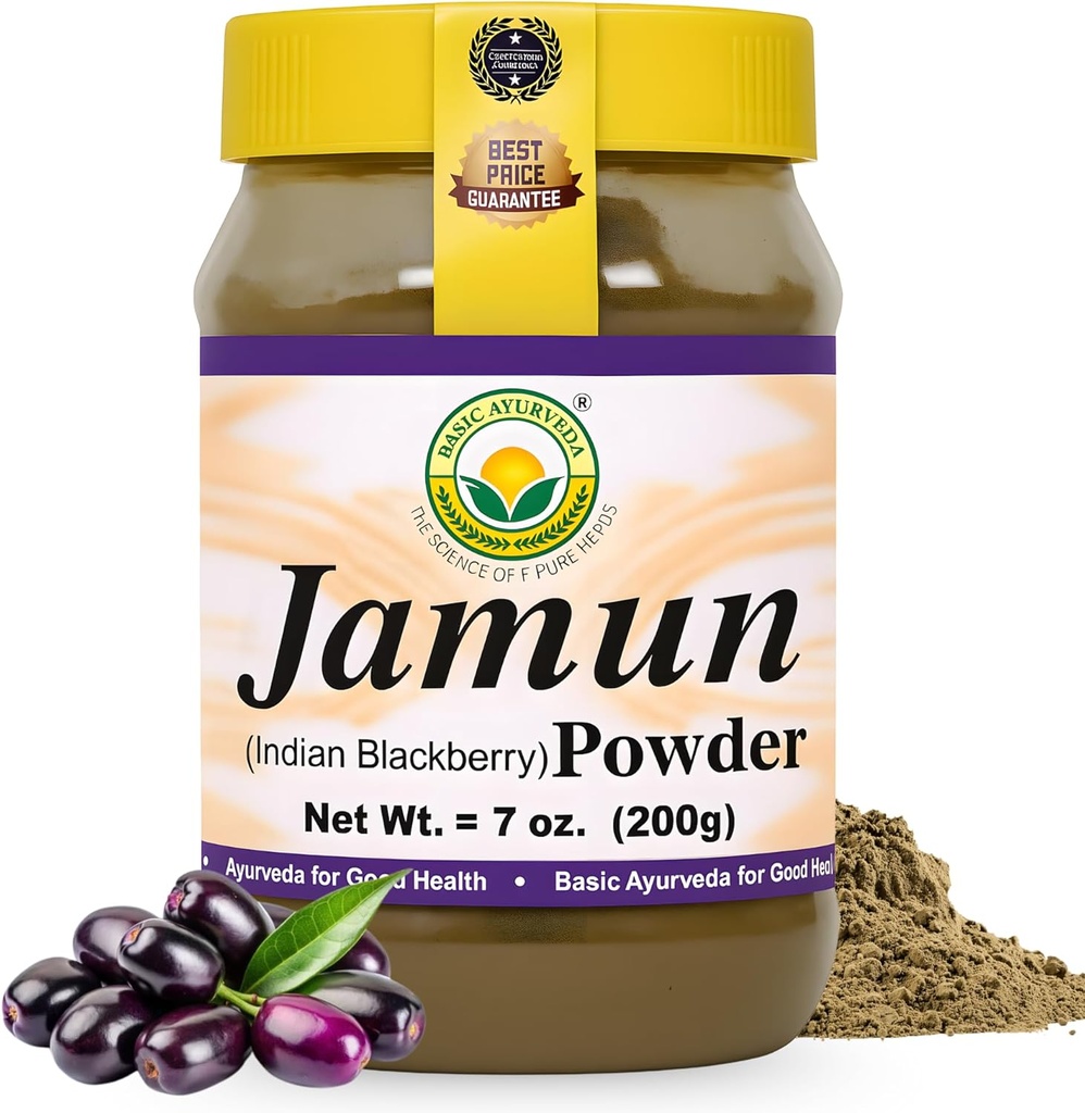 Grundläggande Ayurveda Jamun Powder - 7.05 Oz (200g) | Indisk Blackberry Fruit Powder | Naturligt växtbaserade tillskott för daglig användning | Rik i antioxidanter | Vegan & Gluten-Free