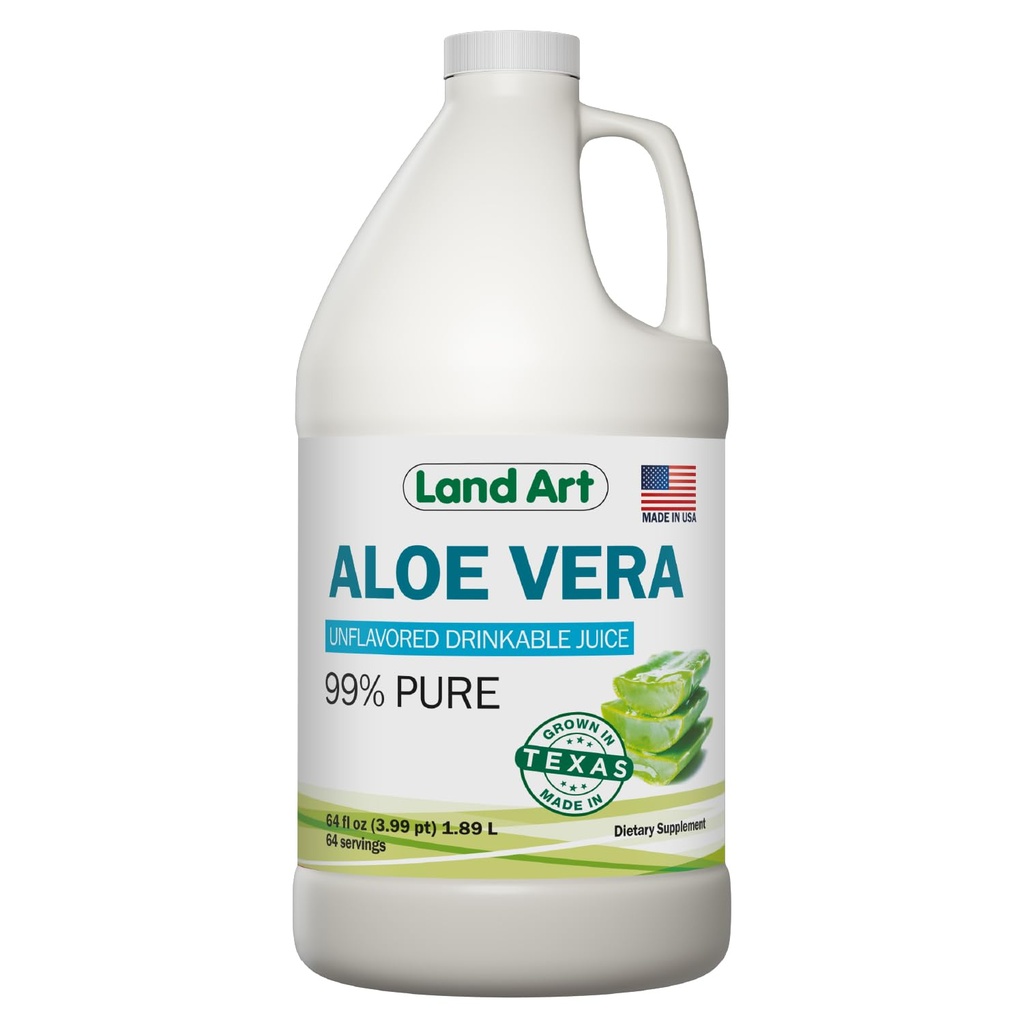 Land Art - Pure Aloe Vera Juice Unflavored - Cold-Processed - 99,7% Organic Aloe Vera Inner Fillet från Fresh Texas Leaves - Digestive Health, Detox och Natural Wellness - 64 fl oz