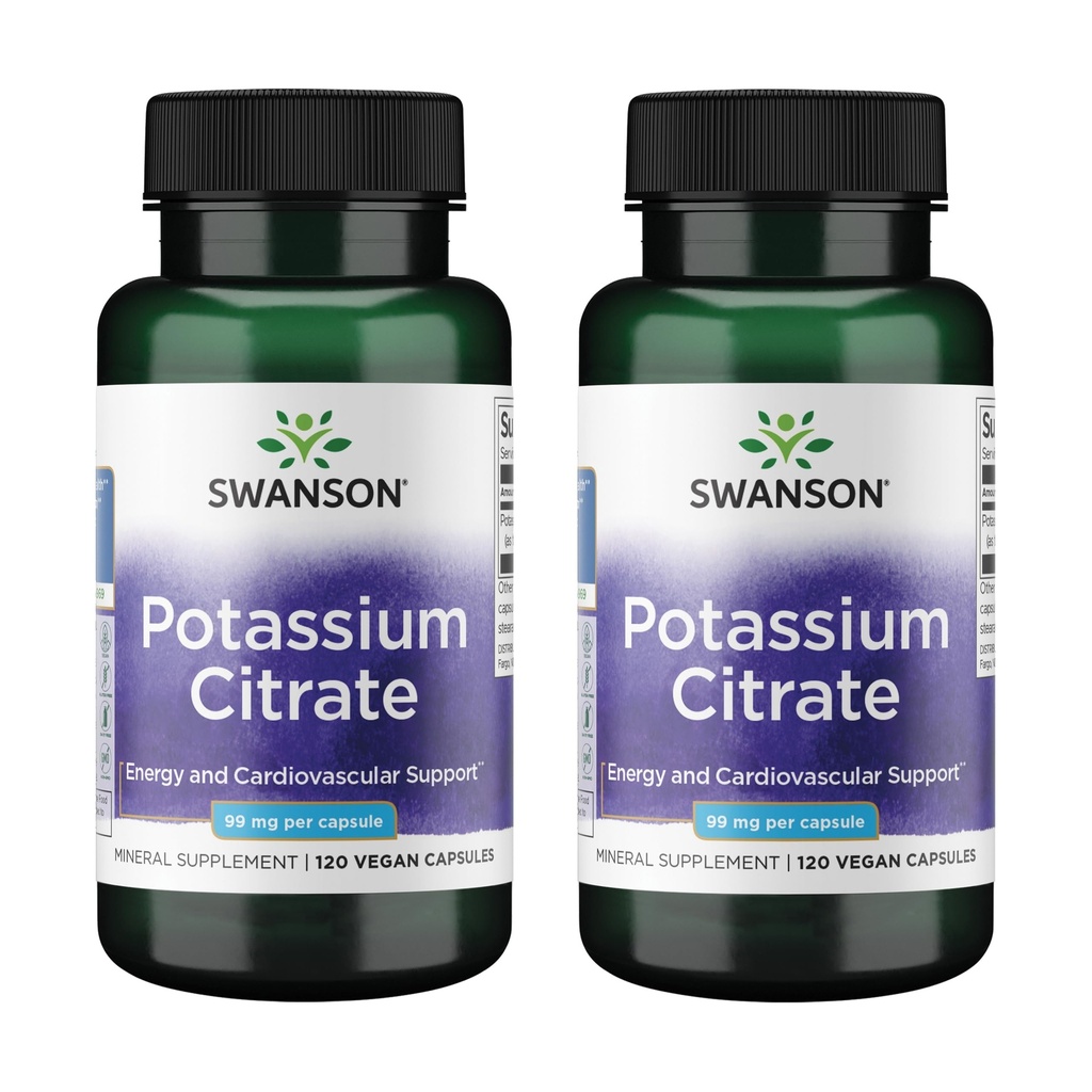 Swanson Potassium Citrate - Mineral Supplement Promoting Heart Health & Energy Support - Aids Optimal Nerve & Kidney Function with Natural Ingredients - (120 kapslar, 99mg Varje) (2 Pack)