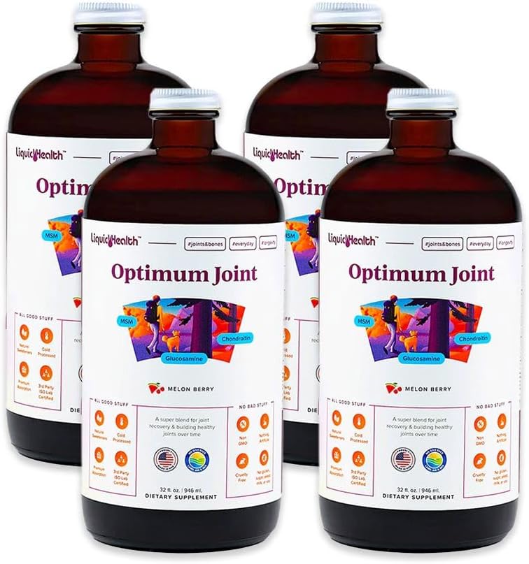 LIQUIDHEALTH Optimum Joint Support Liquid Multivitamin med Glukosamin, Chondroitin, MSM, Hyaluronsyra - Öka rörlighet, gemensamt komfort, för löpare & idrottare - Tillverkad i USA, Vegan (4 Pack)