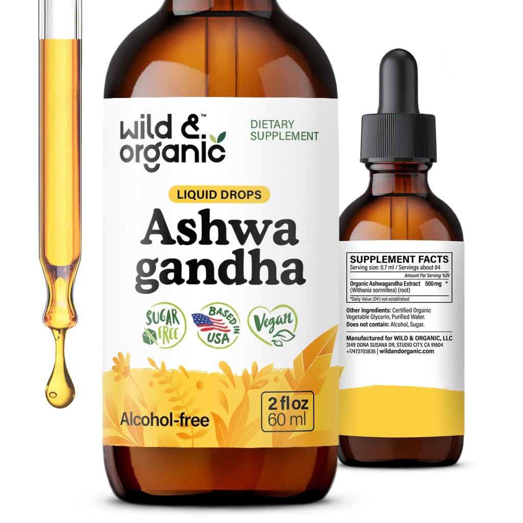 Wild & Organic Ashwagandha Liquid Drops - Calming Ashwagandha Root Extract för avkoppling - 1-månaders leverans - Herbal Supplements for Women and Men - Vegan, Sugar & Alkoholfri tinktur - 2 fl oz