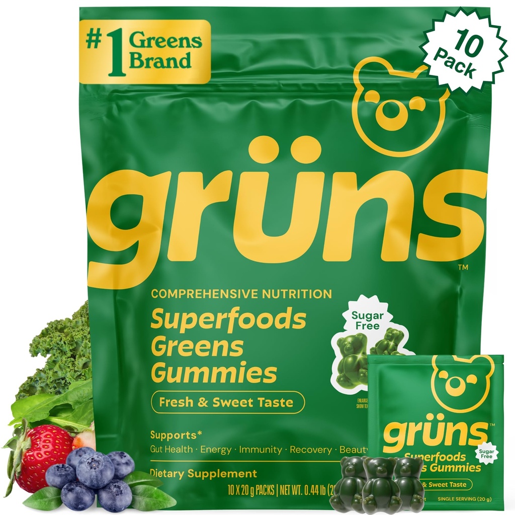 Gruns Sugar-Free Super Greens Gummies, Multivitamin Superfood Gummy Bears, Spirulina, Chlorella, Prebiotics & Fiber gummies for Digestive Health, Adaptogens Supplement, 20 Vitamins & Minerals, 10 pack