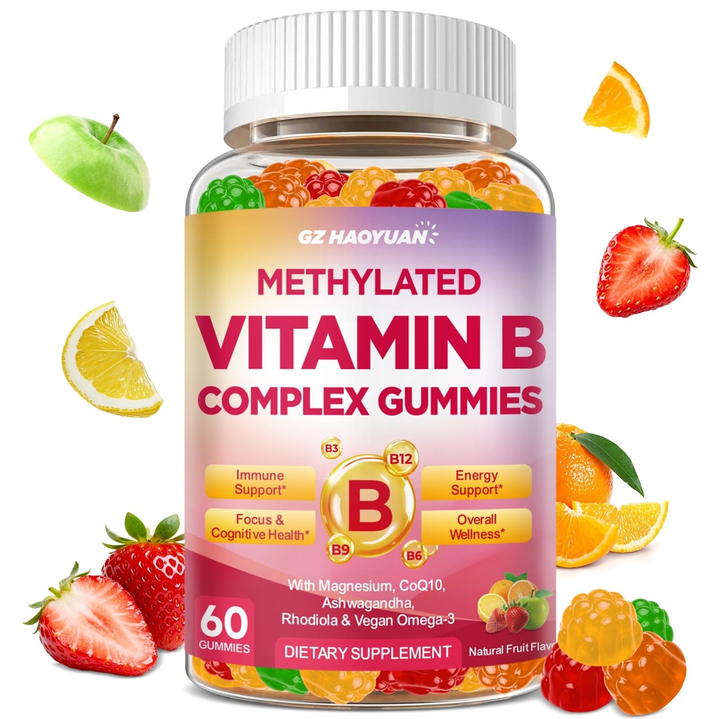 Methylated Vitamin B Complex Gummies for Women & Men with Vitamin B1, B2, B3, B5, B6, B7, B9, B12 & Magnesium, Omega-3, CoQ10, Supports Brain Health, Energy, Immune, Sugar Free, Fruit Flavor, 60ct