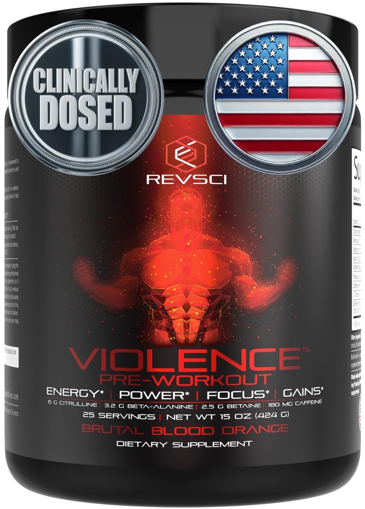 Violence Pre Workout Powder for Men & Women, Clinically Dosed Preworkout, 180 mg Caffeine + L-Theanine, L Citrulline Malate, Beta Alanine, Alpha GPC - 25 Servings, Blood Orange - Energy, Focus & Pump