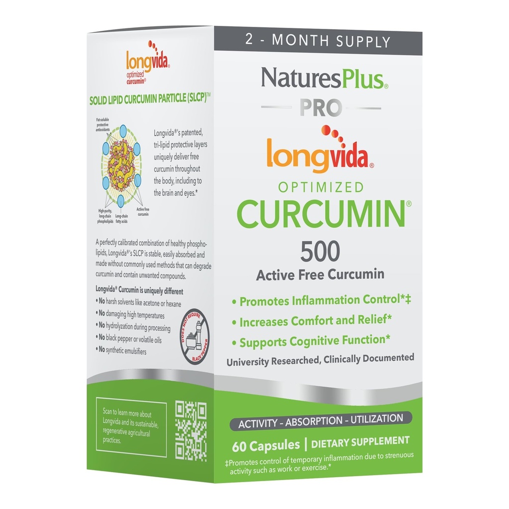 NaturesPlus PRO Longvida Curcumin 500 mg - 60 kapslar - främjar hälsosamt fri radikalt skydd - Icke-GMO, Vegan & Gluten Fri - 60 portioner
