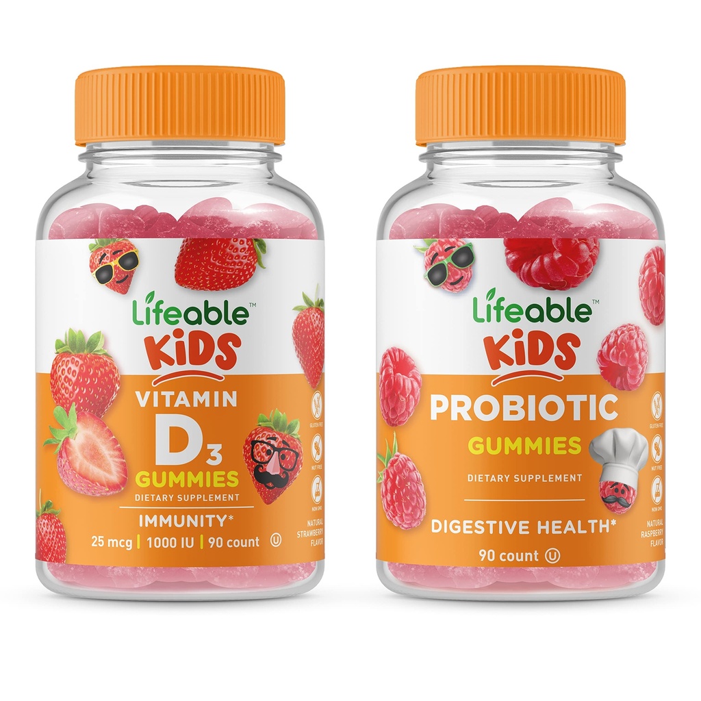 Livliga Probiotiska 2 miljarder CFU Barn + Vitamin D Kids, Gummies Bundle - Great Tasting, Vitamin Supplement, Gluten Free, GMO Free, Chewable Gummy