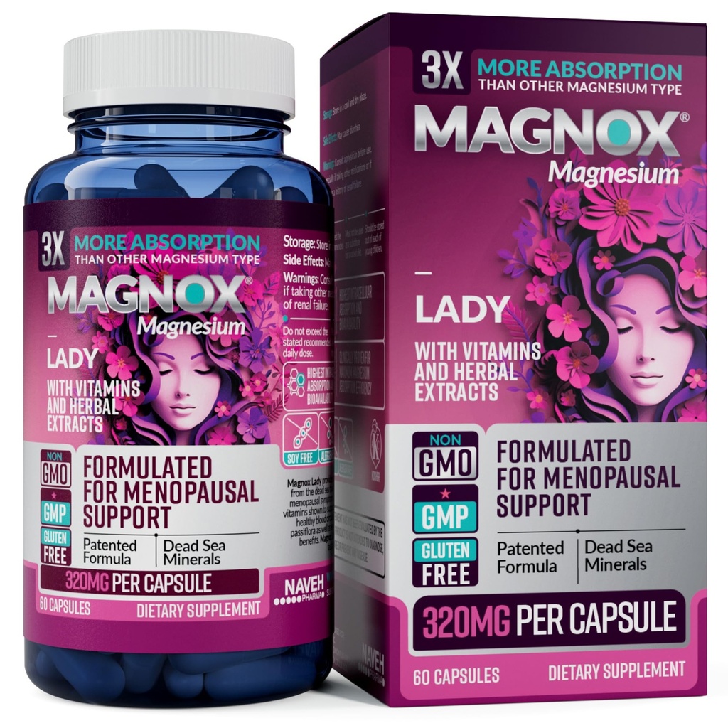 MAGNOX Lady Magnesium Supplement | Menopaus och PMS Support Supplement för kvinnor | Magnesiumkomplex med vitamin B6, B1, B12, D, Zink | Höga Absorption Dead Sea Organic Magnesium | 60 kapslar