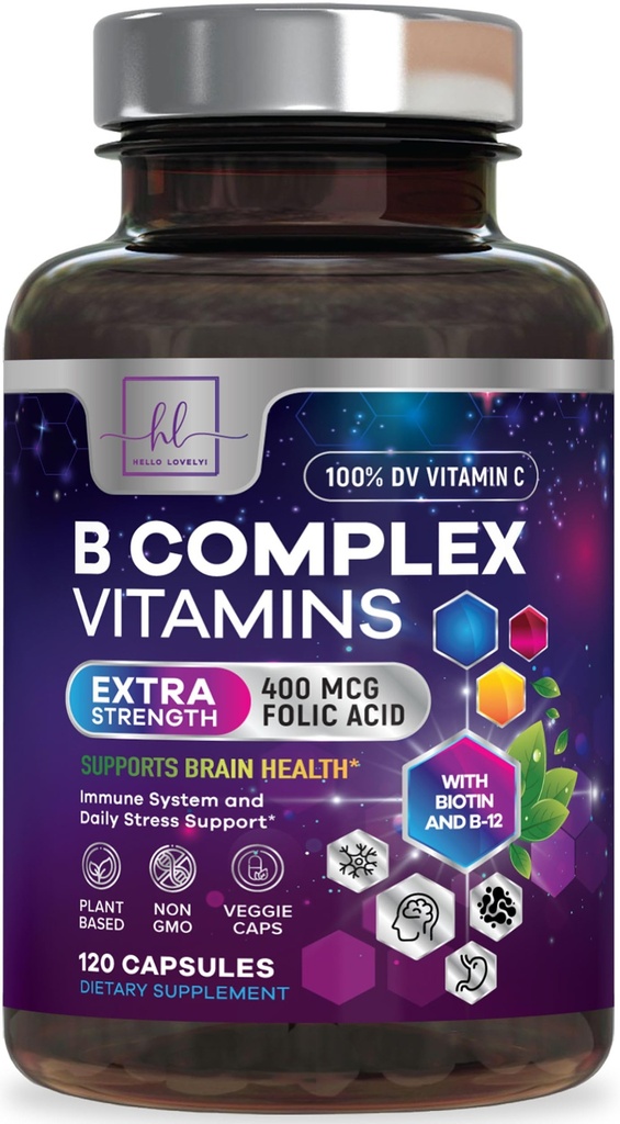 B Complex Vitamin Supplement - 3X Strength with Biotin, Vitamin C & Folic Acid - Super B12 Complex Vitamins for Energy, Supports Hair Growth, Immune Support for Women & Men, USA Bottled, 120 Capsules