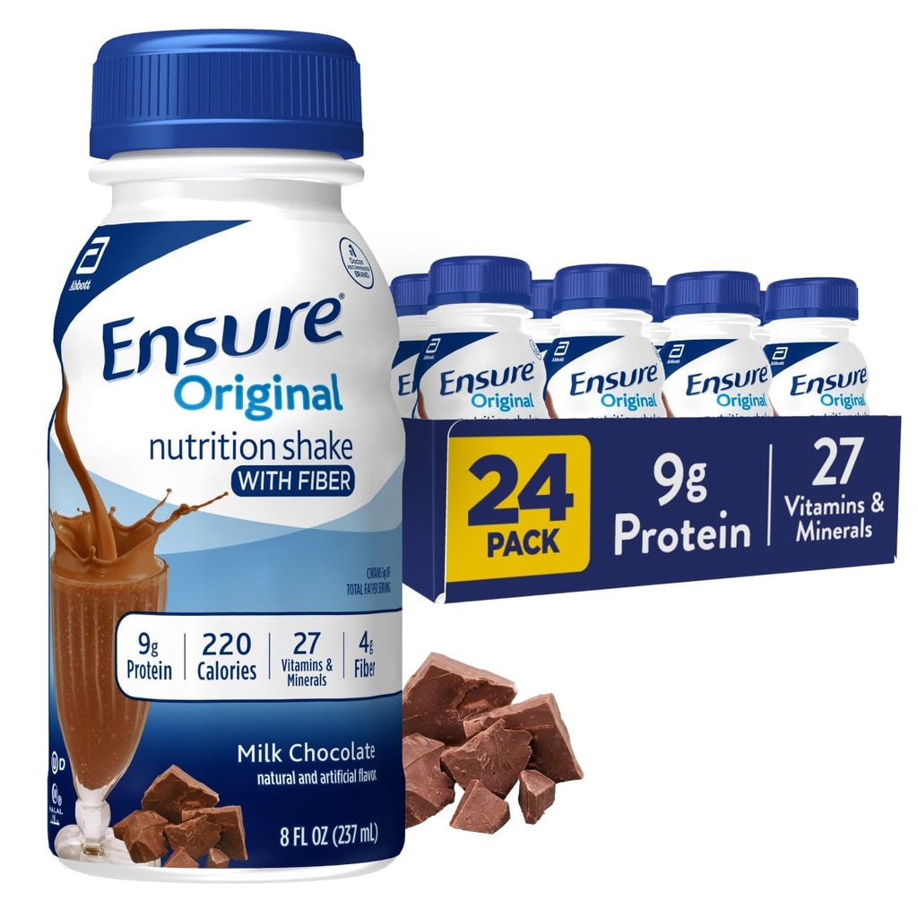 Säkerställ originalmjölk Chocolate Nutrition Shake med fiber | Small Meal Replacement Shake | Redo att dricka | 9g Protein, 27 Vitaminer och mineraler | 8 fl oz - 24 Pack