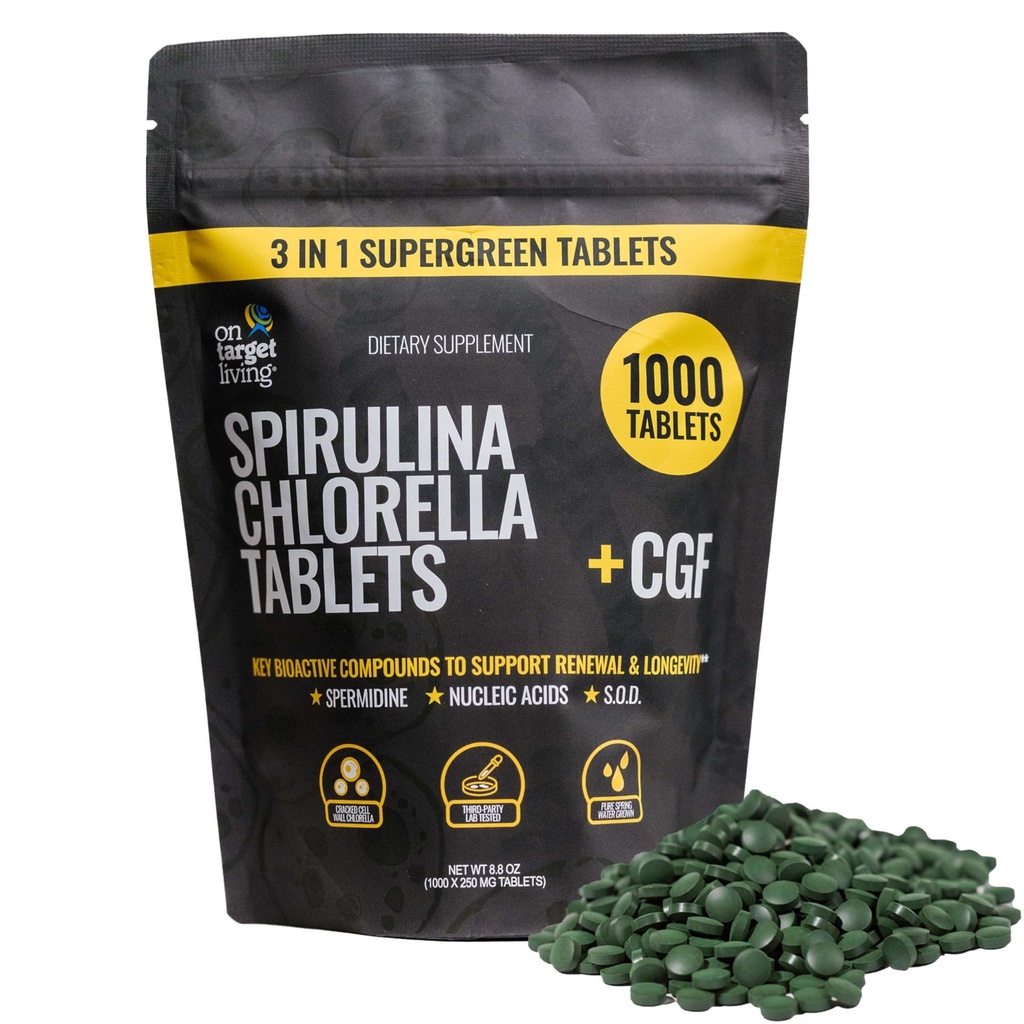 På Target Living Spirulina Chlorella + CGF | 1000 Supergreen tabletter | Vegan | Immune Support | Hög i protein | Alkalyserande | Näringsmedel Dense | Energi | Återhämtning