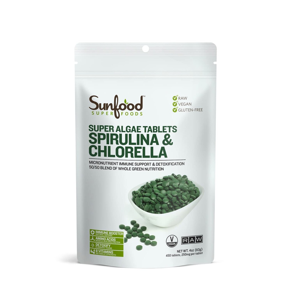 Sunfood Superfoods Chlorella Spirulina tabletter - Spirulina och Chlorella Green Algae tabletter för kvinnor och män, Källa av klorofyll, B Vitaminer och Protein, Broken Cell Wall, Vegan - 4 oz Bag