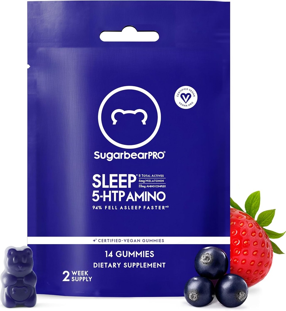 SugarBearPro Sleep Gummy 14 Day Supply, Extra Strength Melatonin 6mg, för Män & Kvinnor, Vegan Vitamin B6, L-Theanine, 5 HTP, Valerian, Sleep Aid för vuxna och tonåringar, Certified Kosher