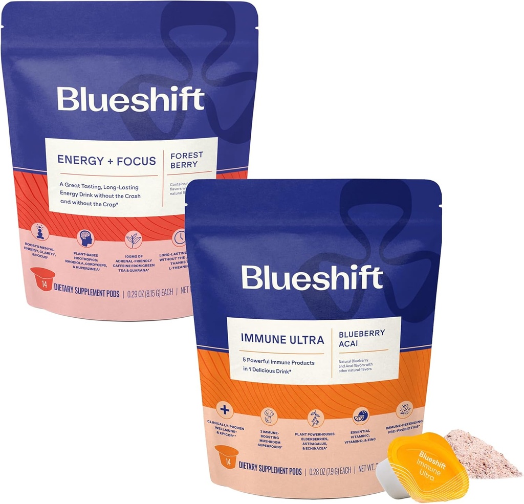 Blueshift Energy + Focus & Immune Ultra Bundle - Energy Drink Pods, Immune Support Powder, Drink Mixes for Energy & Immune Defense, Vitamin Supplement - Energy + Focus (14 Pack) & Immune Ultra (14 Pack)
