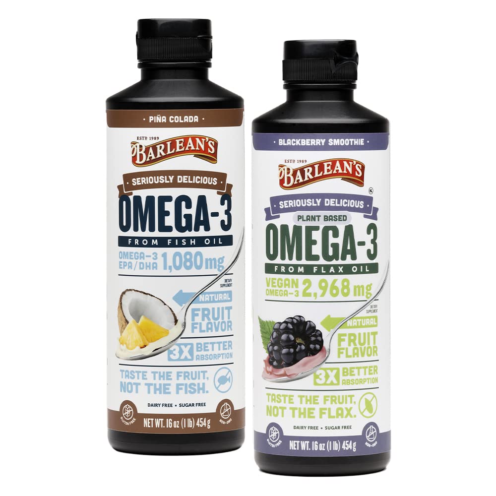 Barleans Omega 3 Liquid Supplement Bundle, BlackBerry Smoothie Flax Seed Oil och Piña Colada Fish Oil Supplements Set, 16 oz
