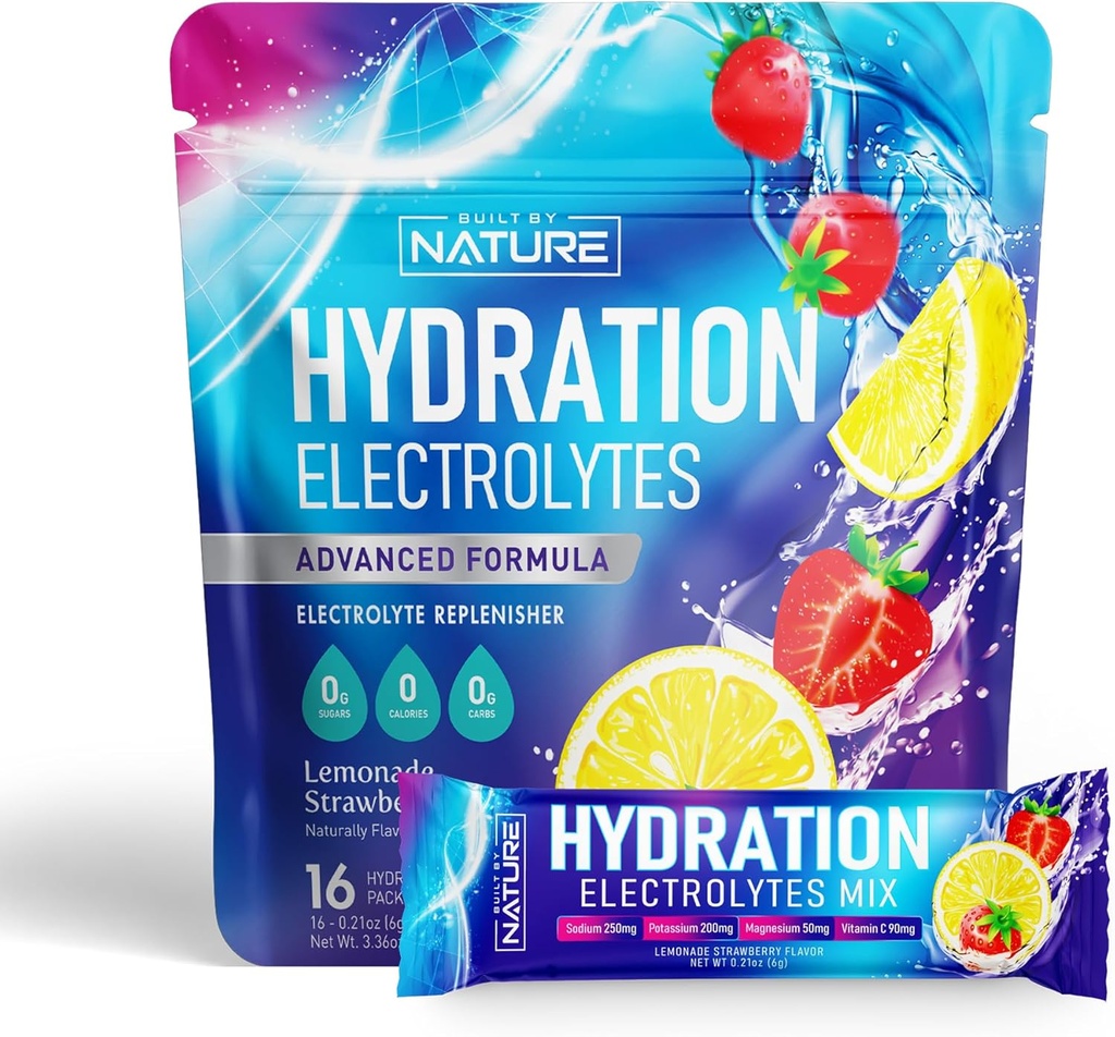 Electrolytes Powder Hydration Packets - Recovery Drink Mix med natrium, kalium, magnesium, kalcium, vitamin C & Zink - Sugar Free, Keto, Non GMO & Vegan - Strawberry Lemonade - 16 Sticks