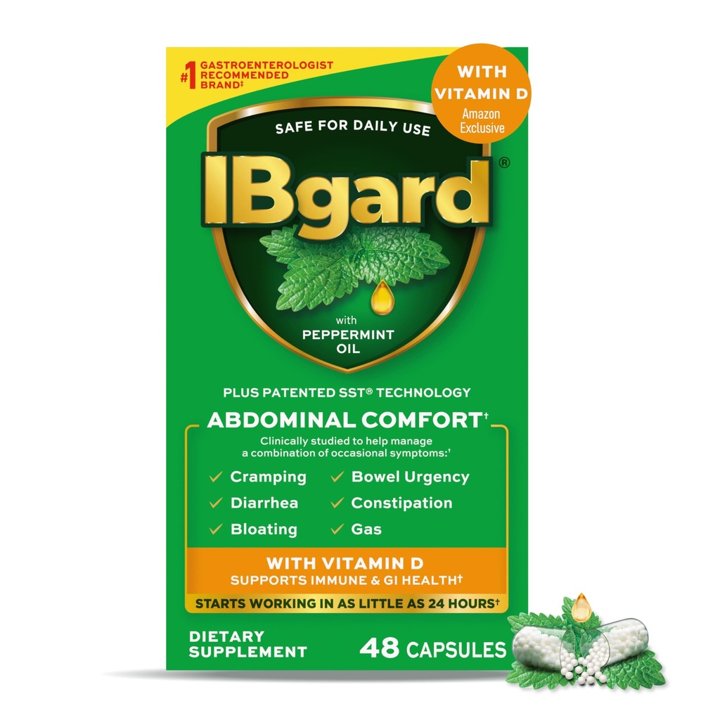 IBgard med vitamin D, Peppermint Oil Capsules, stöder immun och GI Health, 48 kapslar (exklusiv)