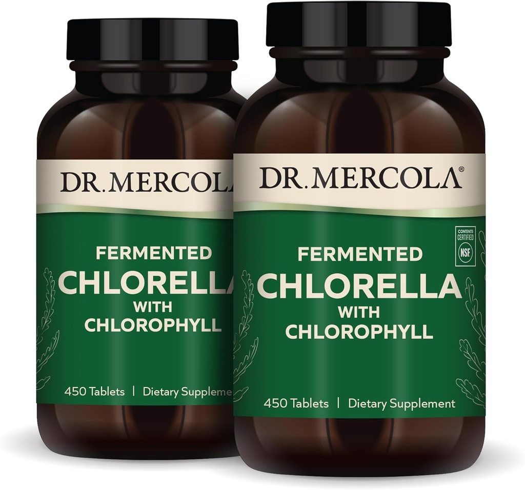 Dr Mercola Fermented Chlorella med Chlorophyll, 90 portioner (450 tabletter), 2 flaskor, kosttillskott, stöder immun och organhälsa, icke GMO, NSF Certified