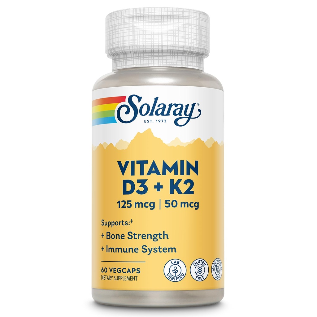 SOLARAY Vitamin D3 K2 - Bone Health och Immune Support Supplement - med 5000 IE Vitamin D som VIT D3 och 50 mcg Vitamin K2 som Menoquinone MK7, Made Without Soy, 60-Day garanti, 60 Serv, 60 VegCaps