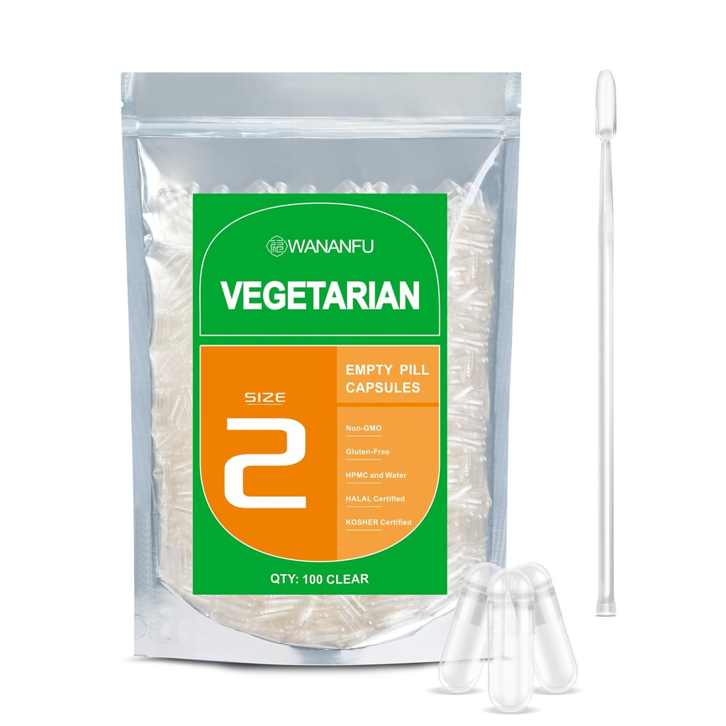 wananfu Size 2 Empty Capsules Vegetarian (100 Count) Bundle med 2 Micro Lab Spoons, Clear Fillable Veggie Pill Capsules Storlek 2 för att göra dina egna tillägg
