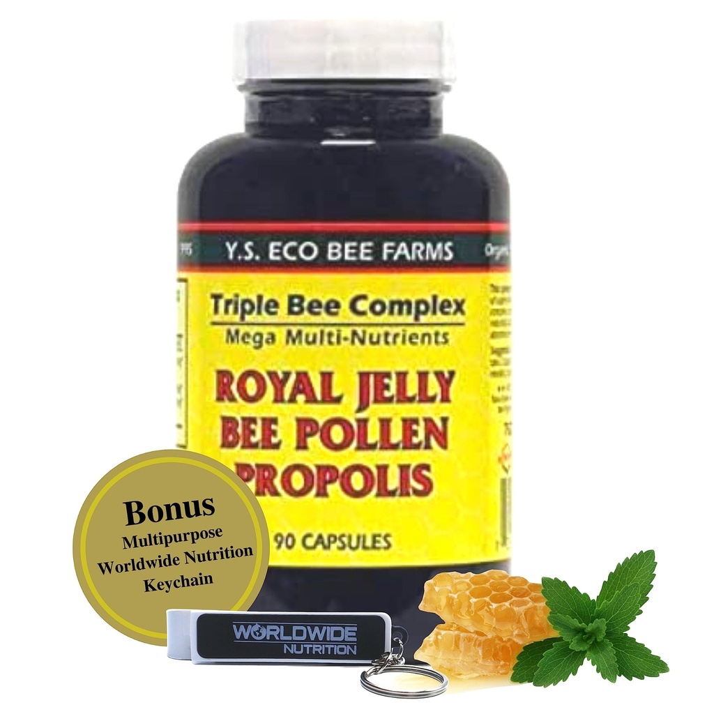 YS Organics Triple Bee Complex, Royal Jelly, Bee Pollen, Propolis - Naturens kraft packad i 90 kapslar med bonus globalnutrition Multi Purpose Key Chain