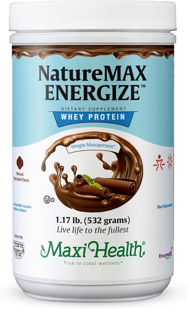 NatureMax EnergizeTM Whey Protein Powder- Energistöd Meal Replacement - 20g Protein Per Servering - Naturlig Choklad smak - Kosher Dairy Vitamin - 1.17lb