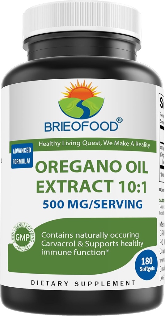 Brieofood Oregano Oil 10:1 Extract 500 mg per portion - Innehåller naturligt uppförande Carvacrol - Hälsosam immunfunktion - 180 Softgels