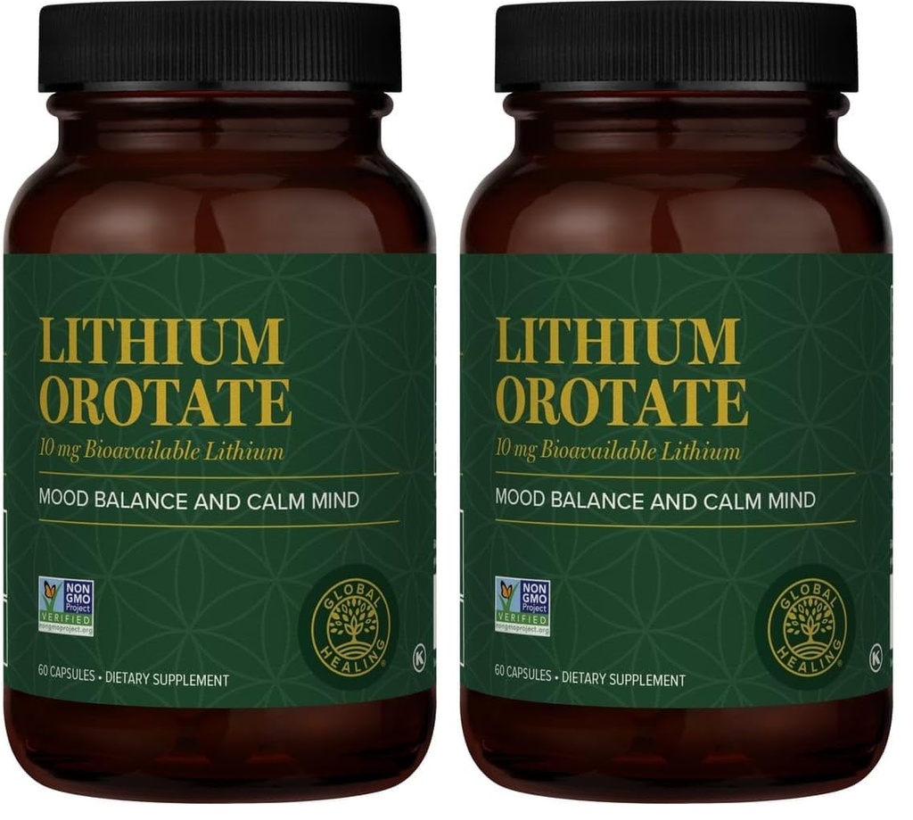 Global Healing Center - Lithium Orotate 10mg - Non-GMO, Gluten Free, Vegan Friendly Brain Health Lithium Supplement for Supporting Mood, Function, and Clarity (60 Capsules) (Pack of 2)