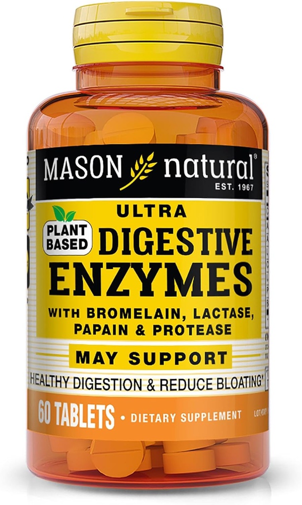 Mason Natural Plant-Based Ultra Digestive Enzymes, med Bromelain, Lactase & Papain, Supports Digestion & Bloating Relief, 60 Capsules, Pack of 3
