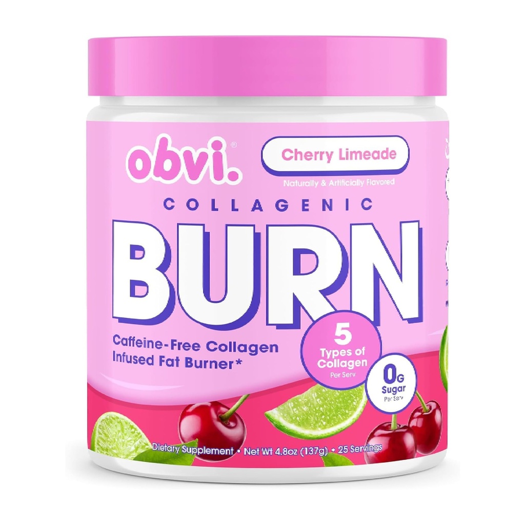 Obvi Collagenic Burn Powder | Collagen Peptide Blend med GBB, Ashwagandha & Green Coffee | Boosts Metabolism, Energy och Wellness | Stöder hud, hår, naglar, gemensamma | Cherry Limeade 25 portioner