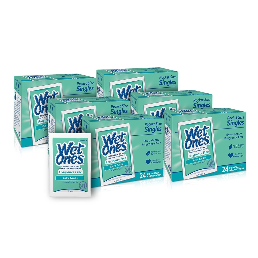 Wet Ones Hand and Face Wipes Singles, Unscented Wipes for Sensitive Skin, Individual Wipes, Hand Wipes Individually Wrapped,24ct (6 pack)