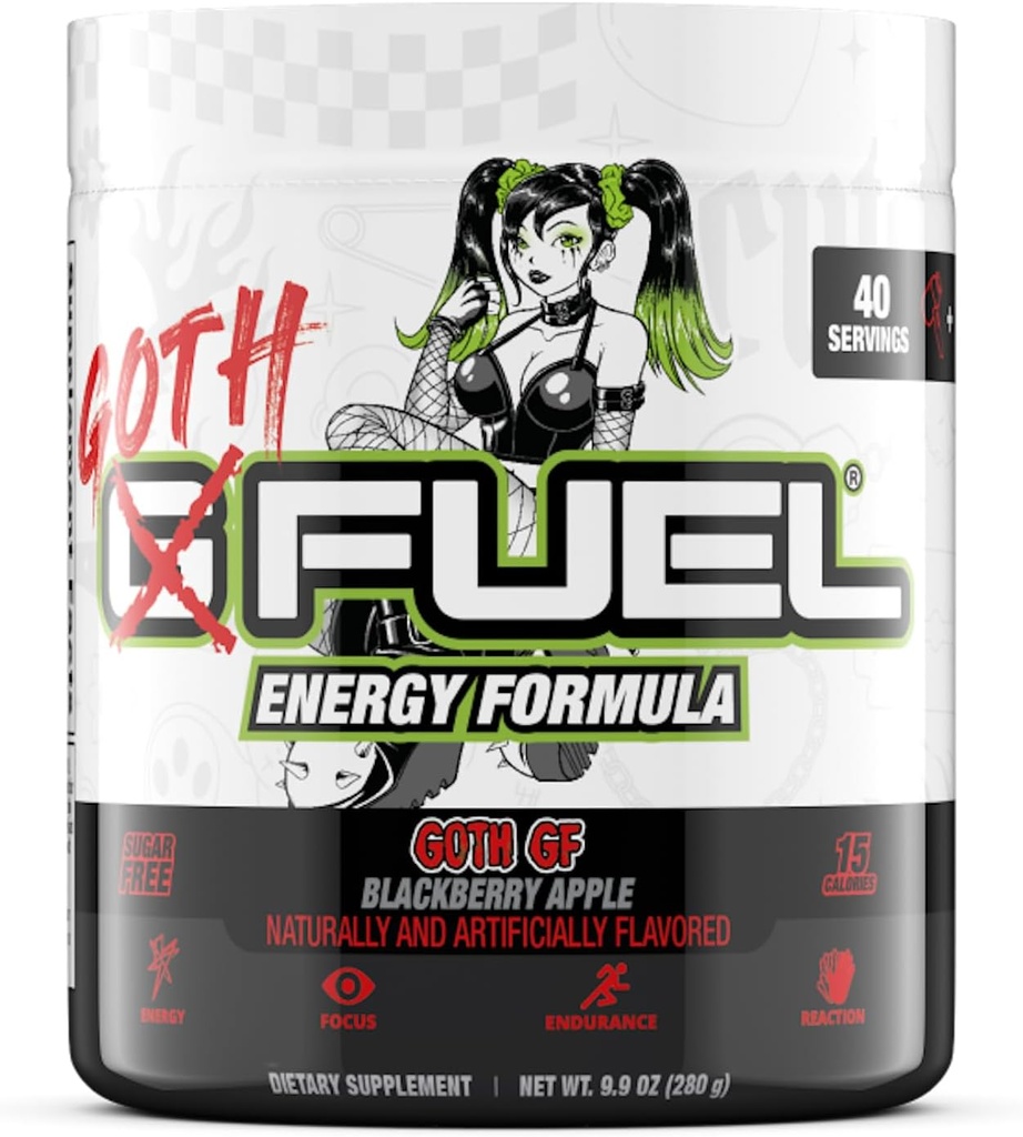 G Fuel Goth GF Energy Drink Powder, Pre Workout Caffeine Powder, Energy Powder Drink Mix för spel, Sugar Free Focus Amino, Vitamin + Antioxidanter, 9.9oz (Blackberry Apple, 40 portioner)