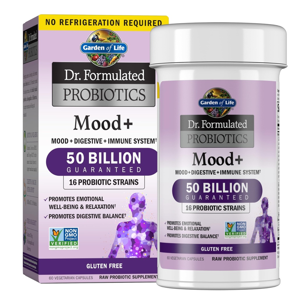 Garden of Life Probiotics Mood+ Dr Formulerad Acidophilus Probiotic Supplement,Promotes Emotional Well-Being, Relaxation och Digestive Balance, Ashwagandha för Stress Management, 60 Count (Pack of 6)