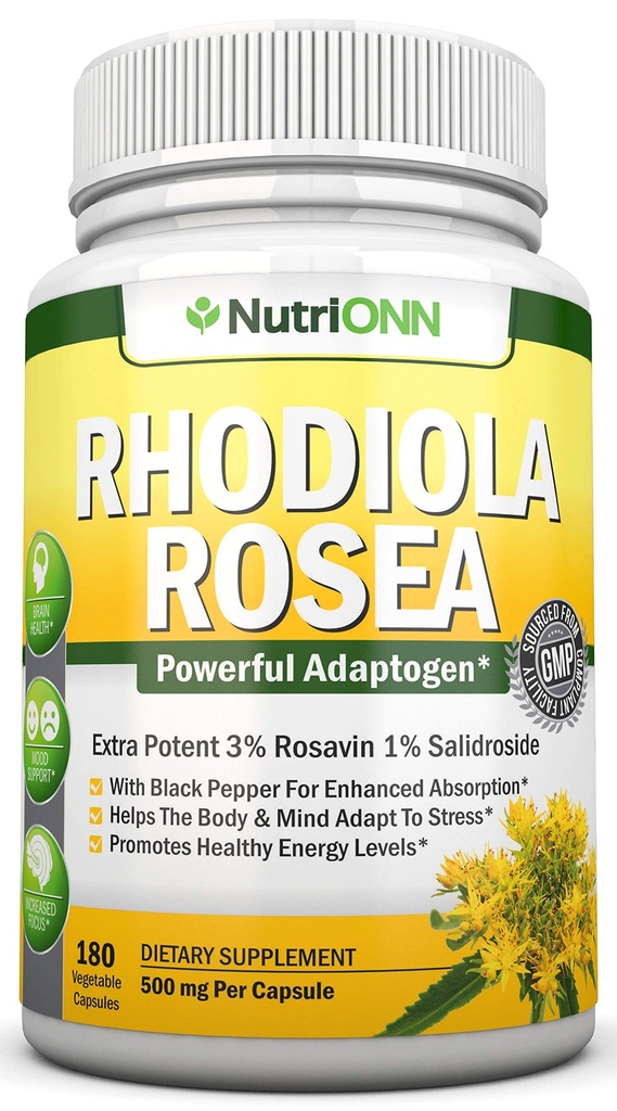 Rhodiola Rosea - 500mg - 180 Vegan Capsules - 3% Rosavin 1% Salidroside Extract - Non-GMO - med svartpeppar för förbättrad absorption - 6 månaders leverans - Tillägg för energi och uthållighet