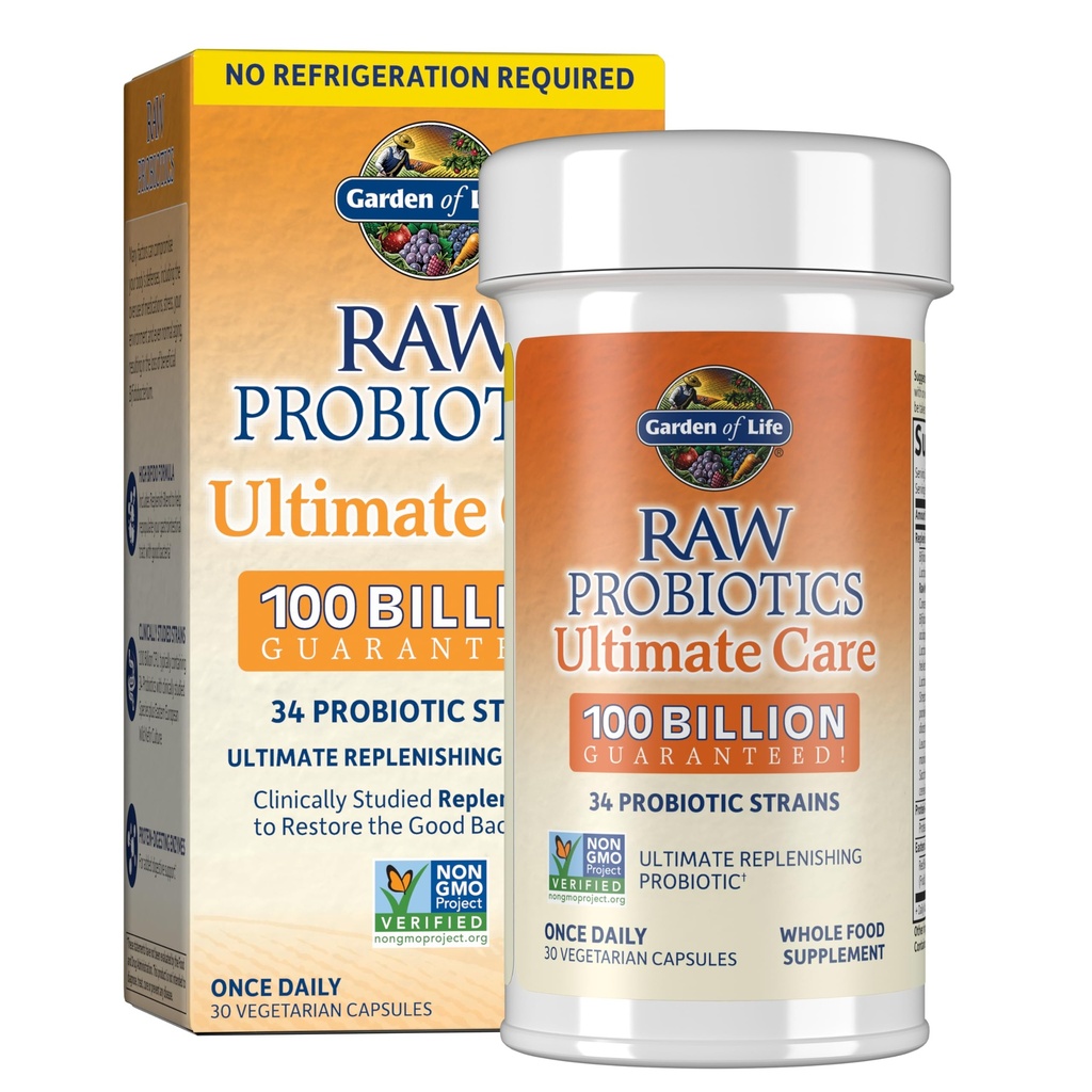 Garden of Life Raw Probiotics for Women and Men with Digestive Enzymes, 100 Billion CFU, Clinically Studied Strains, Shelf Stable, 30 Capsules (Pack of 6)
