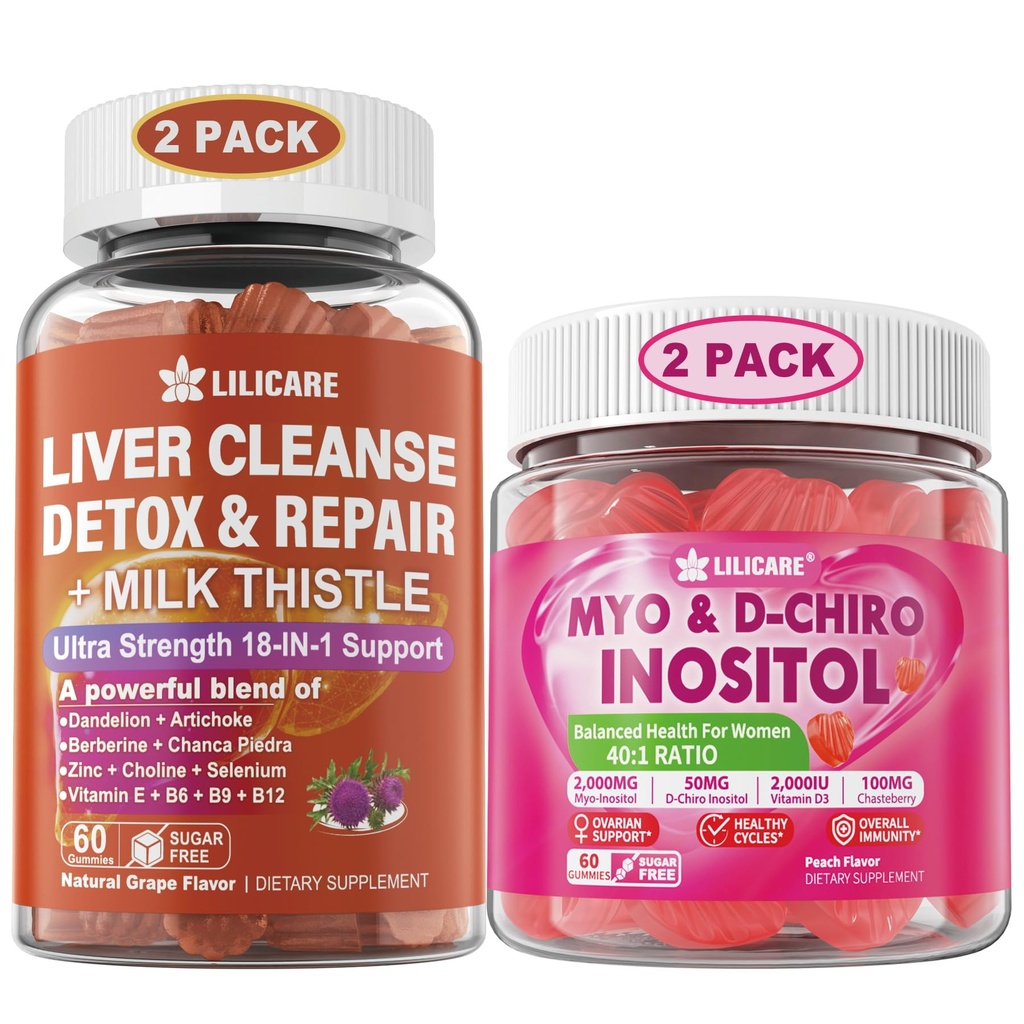 LILICARE Bundle: 18-in-1 Liver Cleanse Detox & Repair Gummies with Milk Thistle & Inositol Gummies Ideal 40:1 Ratio Myo & D-Chiro Inositol Supplement
