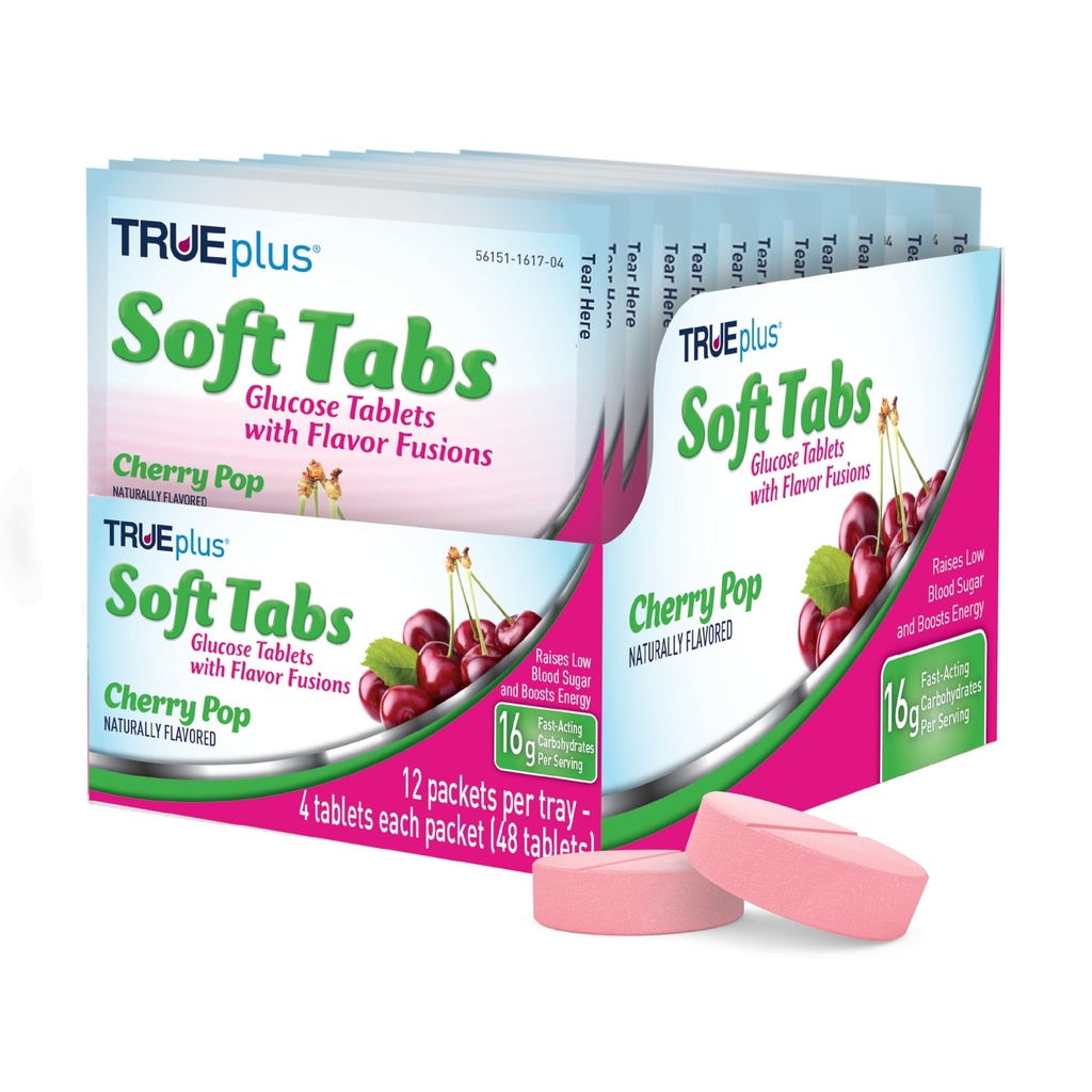 TRUEplus® Soft Tabs Glucose Tablets – 12 Packs – 48 flikar (Cherry Pop)