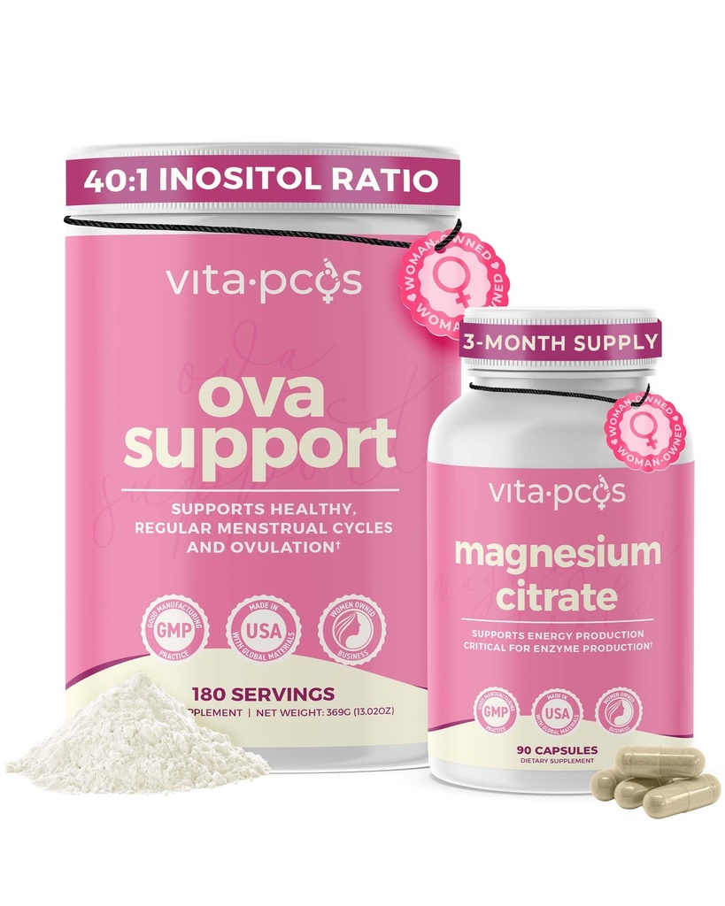 VITA-PCOS Supplement Bundle for Women – Myo-Inositol & D-Chiro Inositol Powder (40:1 Ratio, 2000mg Myo, 50mg D-Chiro), 90 Capsules, with Magnesium Citrate (150mg) for Energy & Digestion, 90 Capsules