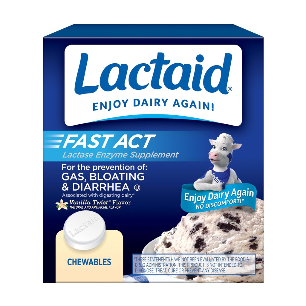 Lactaid Fast Act Lactose Intolerance Relief Chewables med Natural Lactase Enzyme för att förhindra Gas, Bloating & Diarrhea På grund av laktoskänslighet, On-the-Go, Vanilla Twist Flavor, 60 x 1 ct