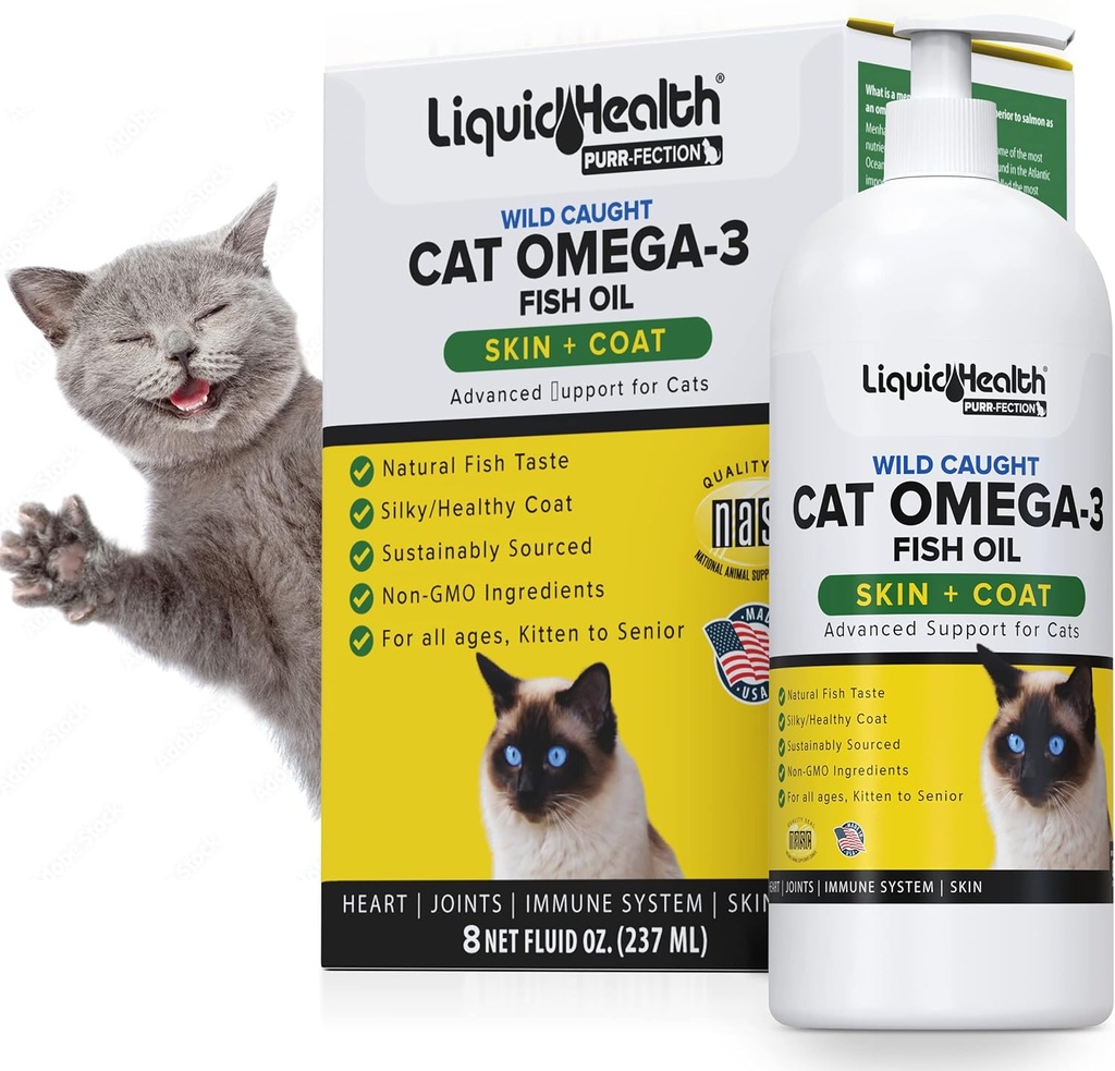 Liquid Health Pets Wild fångade Omega 3 Fiskolja för katter - Liquid Omega 3 Supplement för katter med EPA + DPA + DHA - Minska Itching, Support Joint, Immunity, Brain, Heart Health - Tillverkad i USA (8 oz)