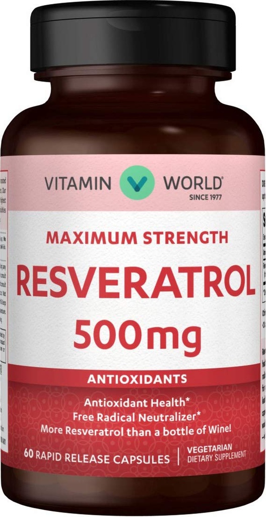Vitamin World Resveratrol 500 mg. 60 Capsules, Maximum Strength, Antioxidant Support, Rapid-Release, Vegetarian, Gluten Free