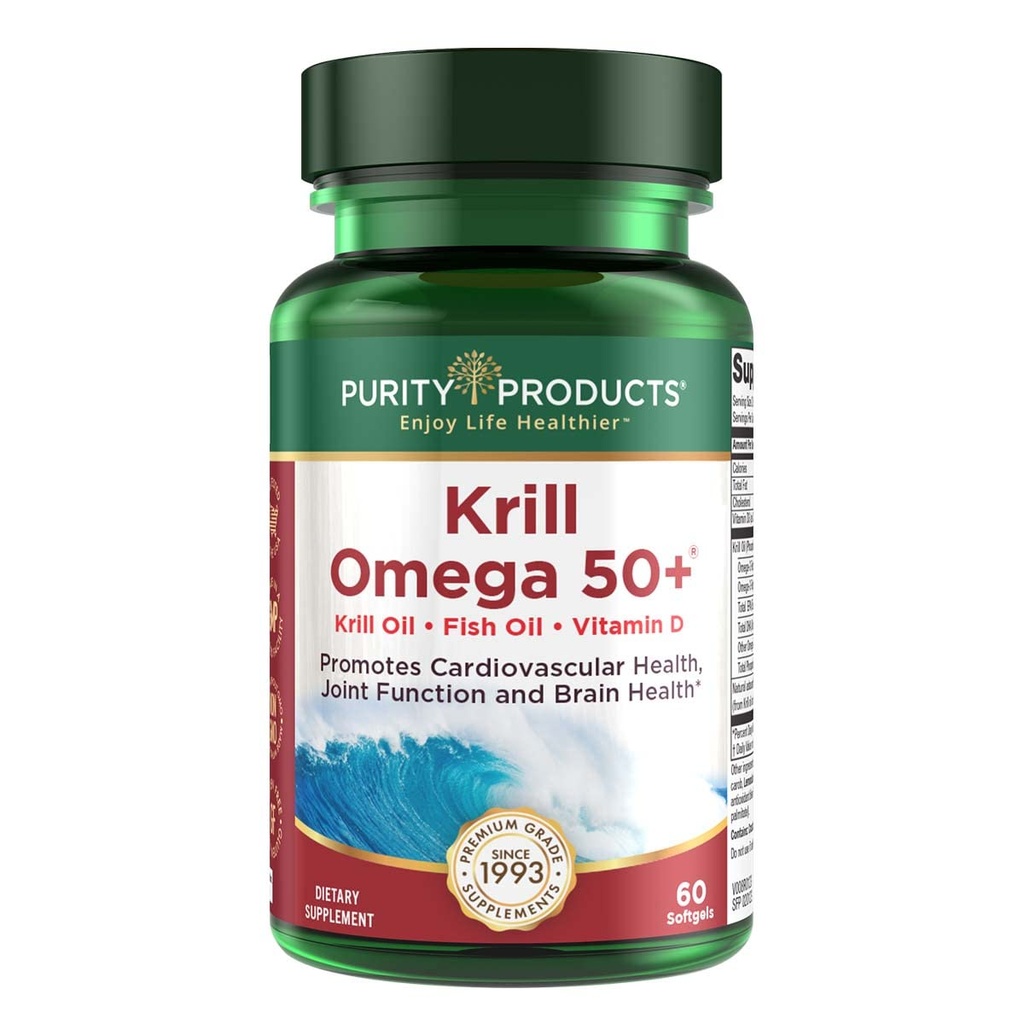 Purity Products Krill Omega 50 (Krill + Fish Oil Blend 1000mg + Astaxanthin 500mcg + Fosfolipider 200mg + Vitamin D 500 IE) - 60 Mini Softgels