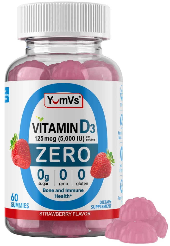 Yum-Vs - Vitamin D3 Gummies med noll socker för vuxna och barn (125 mcg - 60 greve) - Sugar Free Vitamin D Gummies - Vegetarian Gummy Vitaminer för benstöd och immunhälsa - Vit D3 Vitamin Chewable