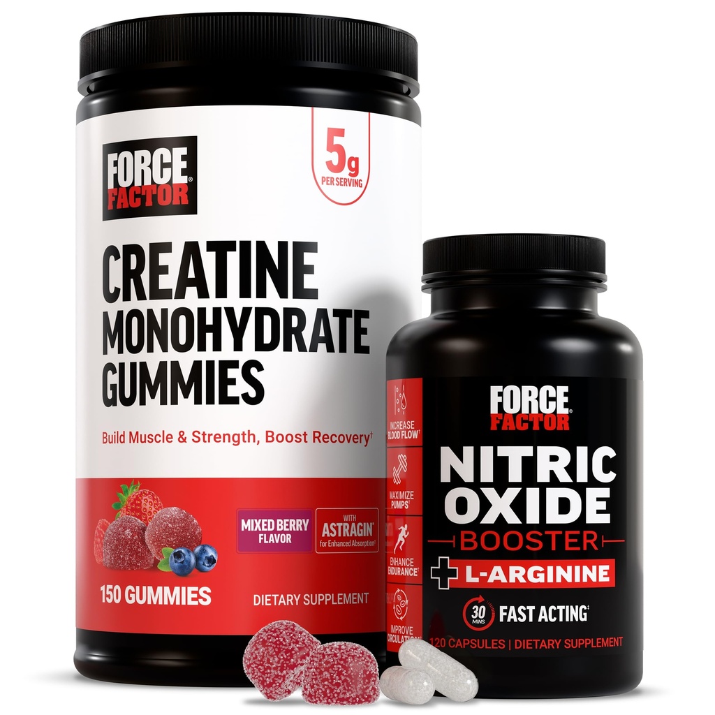 Force Factor Creatine Gummies, 5 Grams Creatine Monohydrate, Mixed Berry, 150 Gummies, 30 Servings Nitric Oxide Booster, Fast-Acting Formel med L-Arginine, 120 kapslar