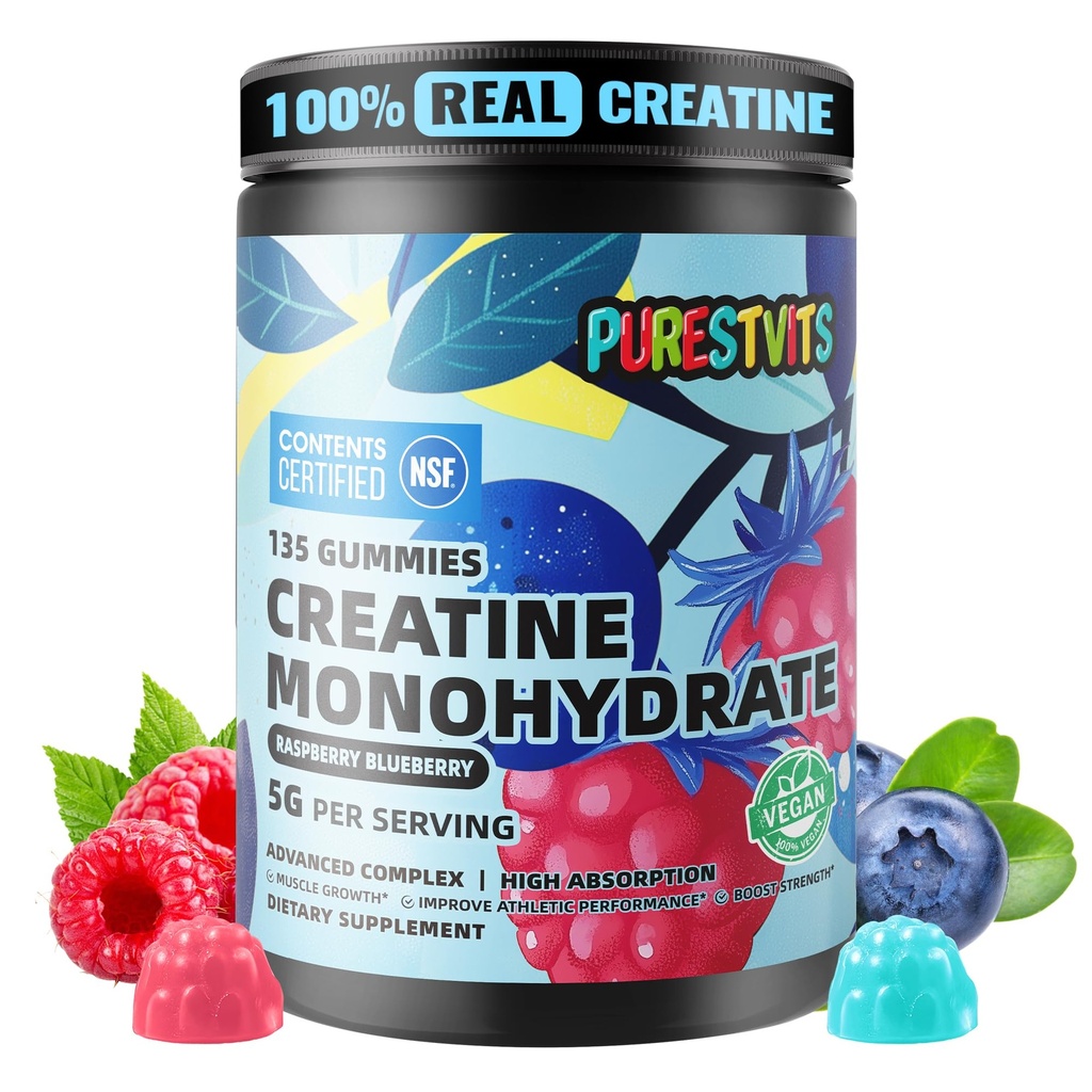 NSF Certified Creatine Gummy 5g - Kreatinmonohydrat Gummies - Pre-Workout Energy & Muscle Growth Support för män och kvinnor | Blueberry Raspberry Electrolyte Gummies (135 greve)