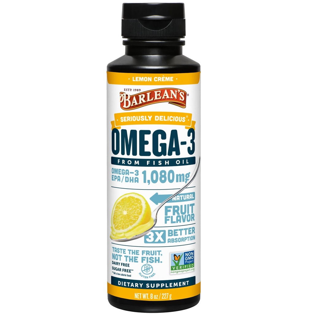 Barleans Omega 3 Fish Oil Liquid Supplement för män och kvinnor, 1080mg av EPA och DHA Fatty Acid, främjar hjärna och hjärthälsa - Non-GMO, Lemon Crème, 8 oz