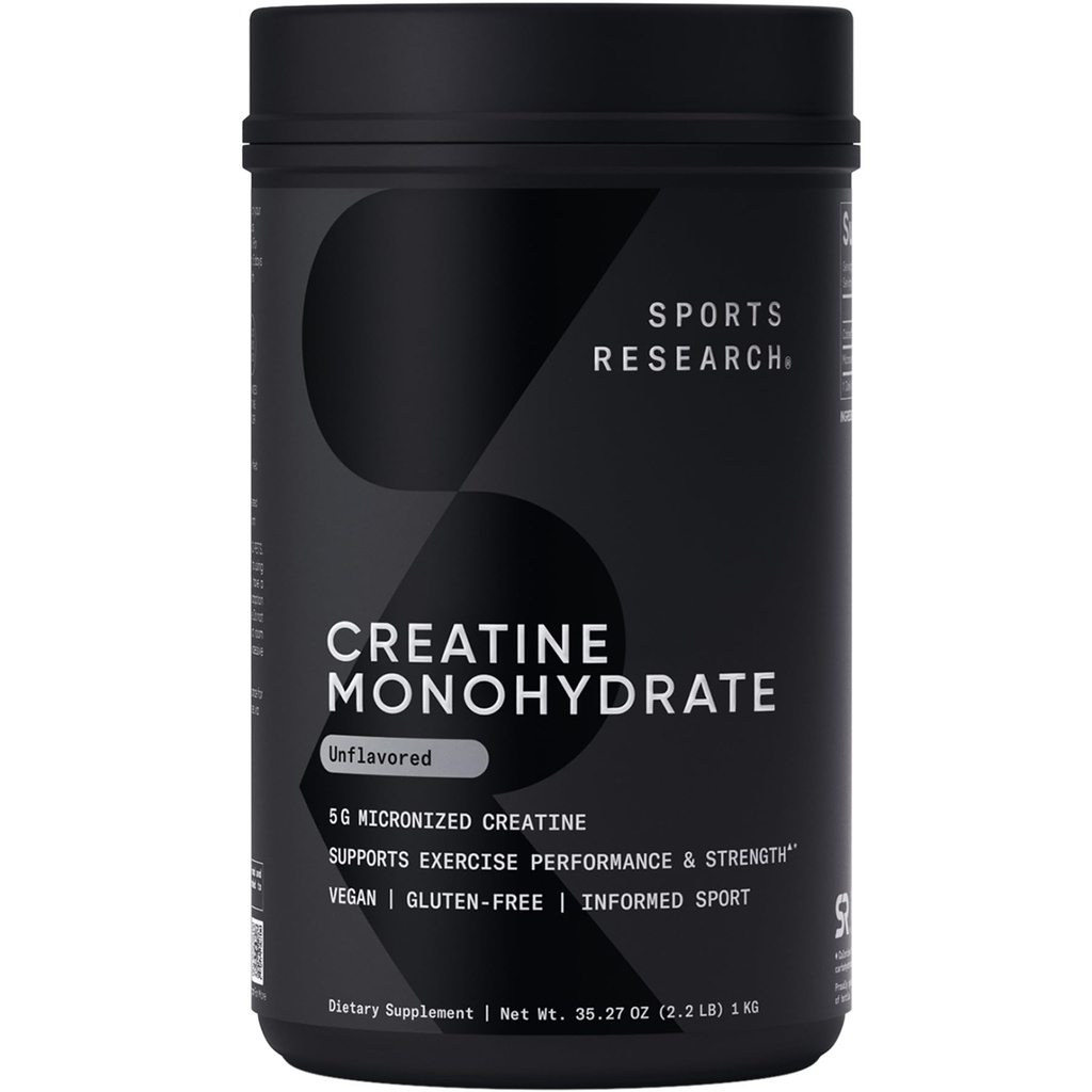 Sports Research Creatine Monohydrate - Få Lean Muscle, förbättra prestanda och styrka och stöd Workout Recovery - 5 g Micronized Creatine - 35,27 oz