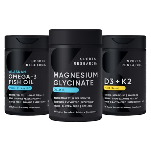 Sports Research® Multivitamins Pack - 160 mg Chelated Magnesium Glycinate + Triple Strength Omega-3 Fish Oil 1250 + Vegan Vitamin D 5000iu & Mk7 Vitamin K 100mcg