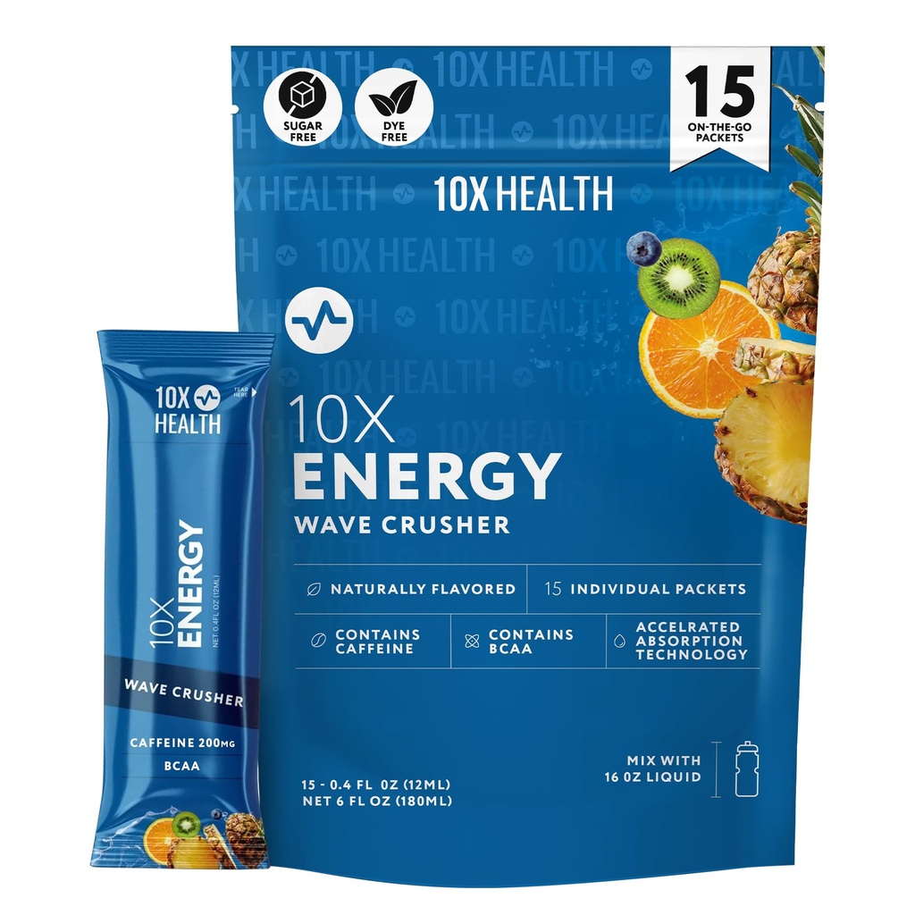 10X Health - Energy Wave Crusher - Energidryck med 200mg koffein, BCAA, B-vitaminer, accelererad absorption - Tropical Punch Pre-Workout Drink - 15 Drink Mix Packets (Wave Crusher - Energi)