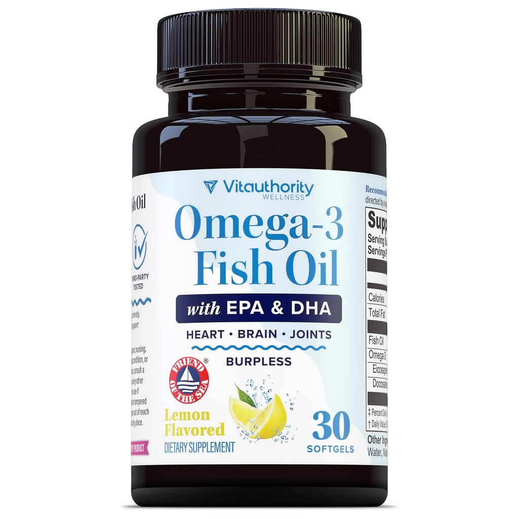 Omega 3 Fish Oil Supplement | 1,200mg Omega 3 Fatty Acids 400mg EPA & 280mg DHA | Heart, Brain & Eye Health Support | Burpless Lemon Flavor Friend of the Sea Certified Non-GMO, Gluten-Free 30 Servings